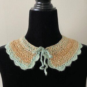 Handmade Crochet Light Teal Blue Gold Wool Blend Collar Neckwear Accessory